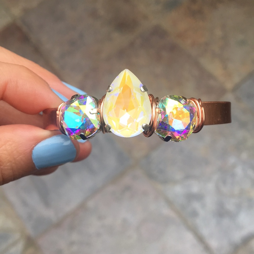 Raw Copper Aurora Borealis + White AB Crystal Cuff Bangle - Picture 12 of 16